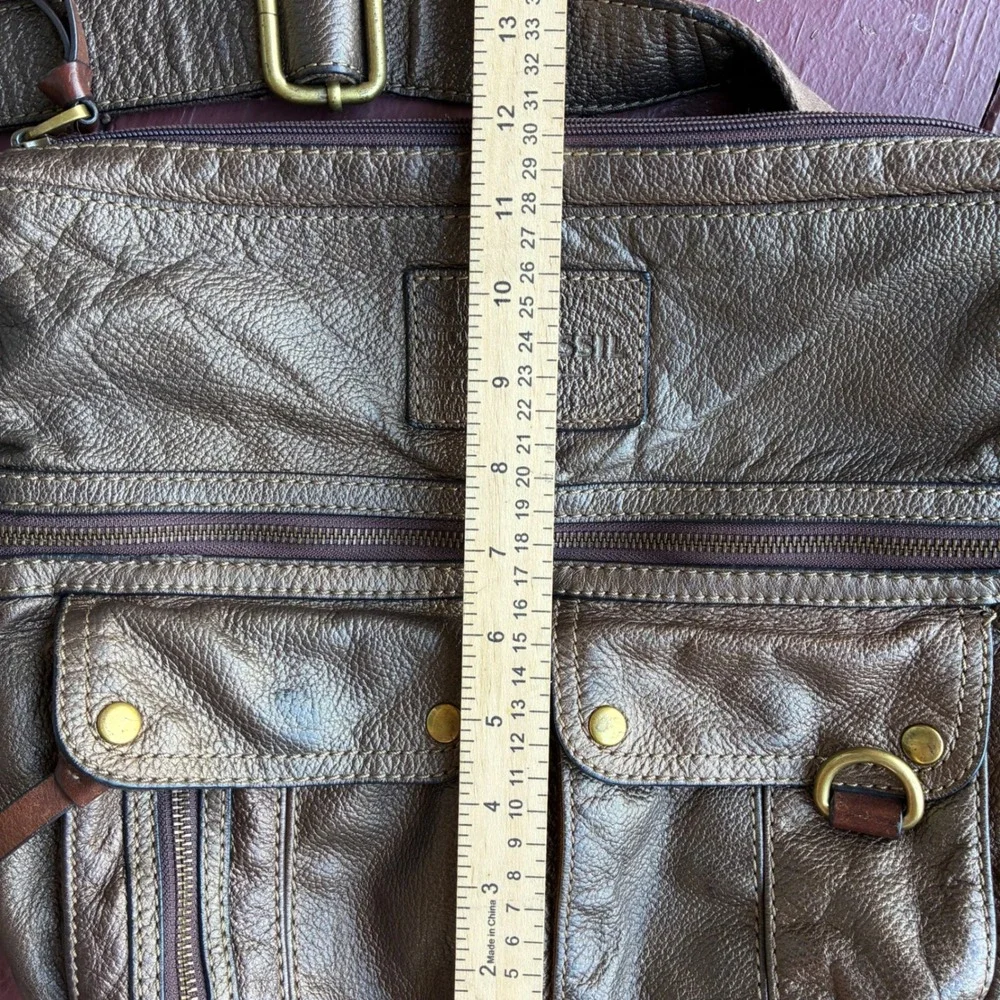 Fossil Morgan Metallic Bronze Gold Pebbled Leather Crossbody Bag Large